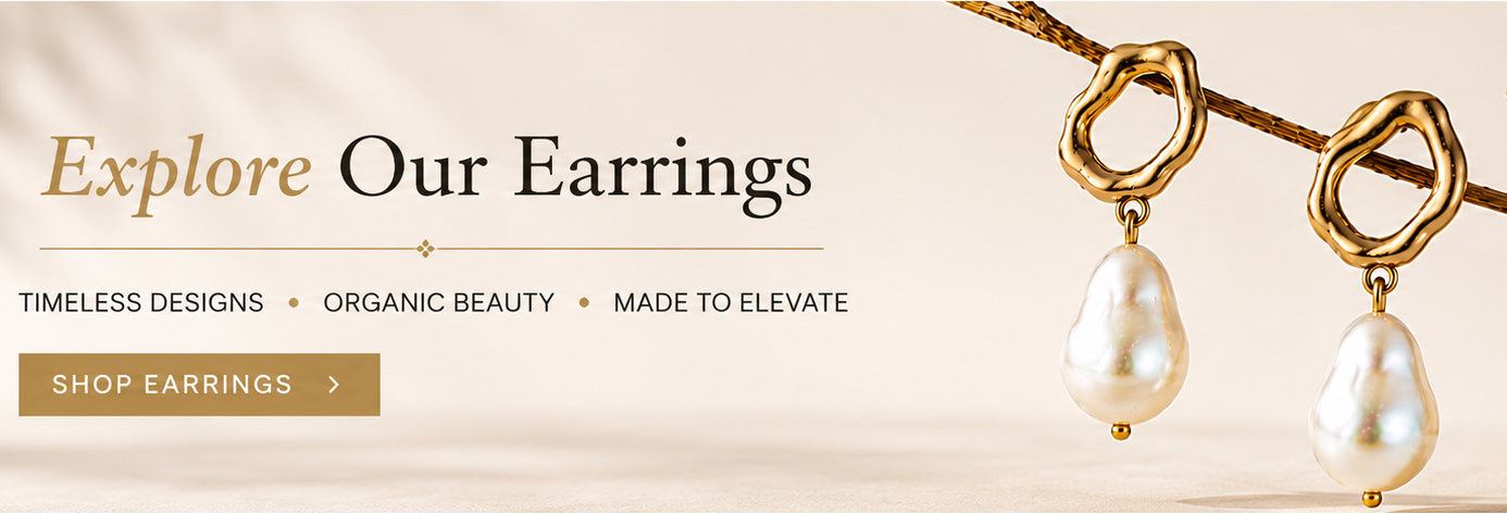 Gold earrings with pearls on a branch against a beige background, with text promoting earrings.