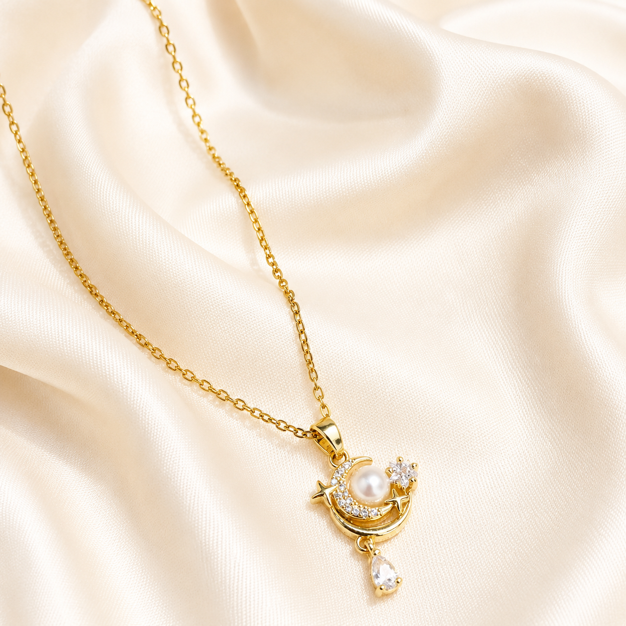 Celestial Pearl Moon Pendant Necklace