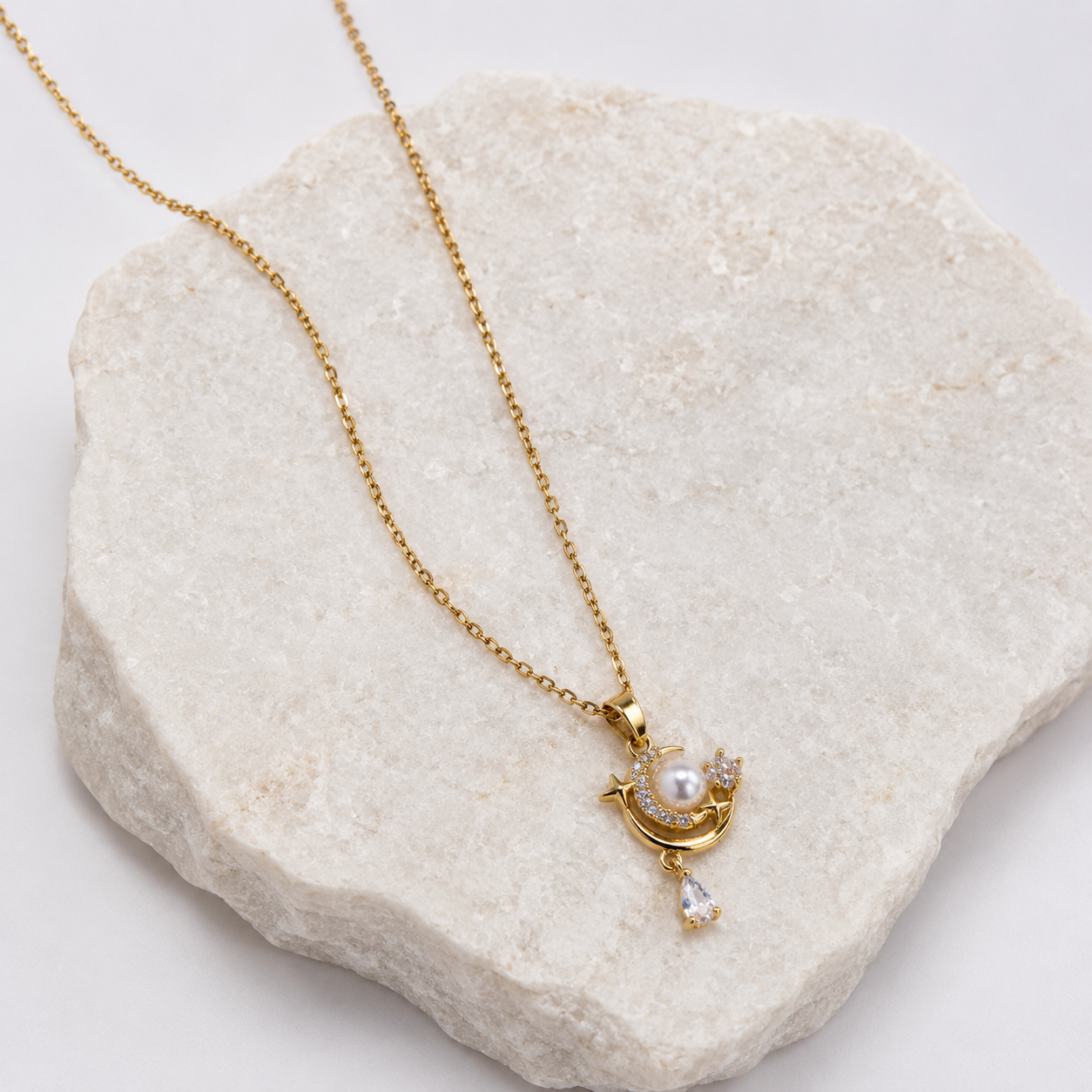Celestial Pearl Moon Pendant Necklace
