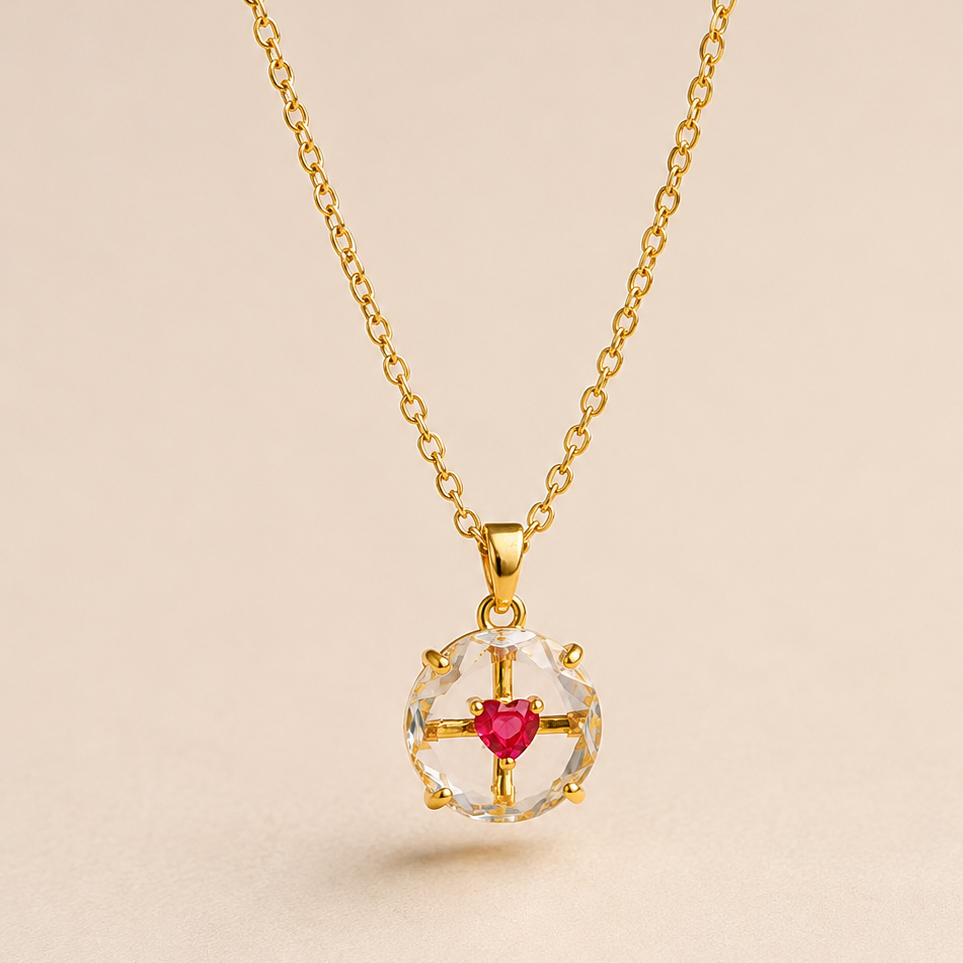 Gold necklace with a heart-shaped pendant on a beige background