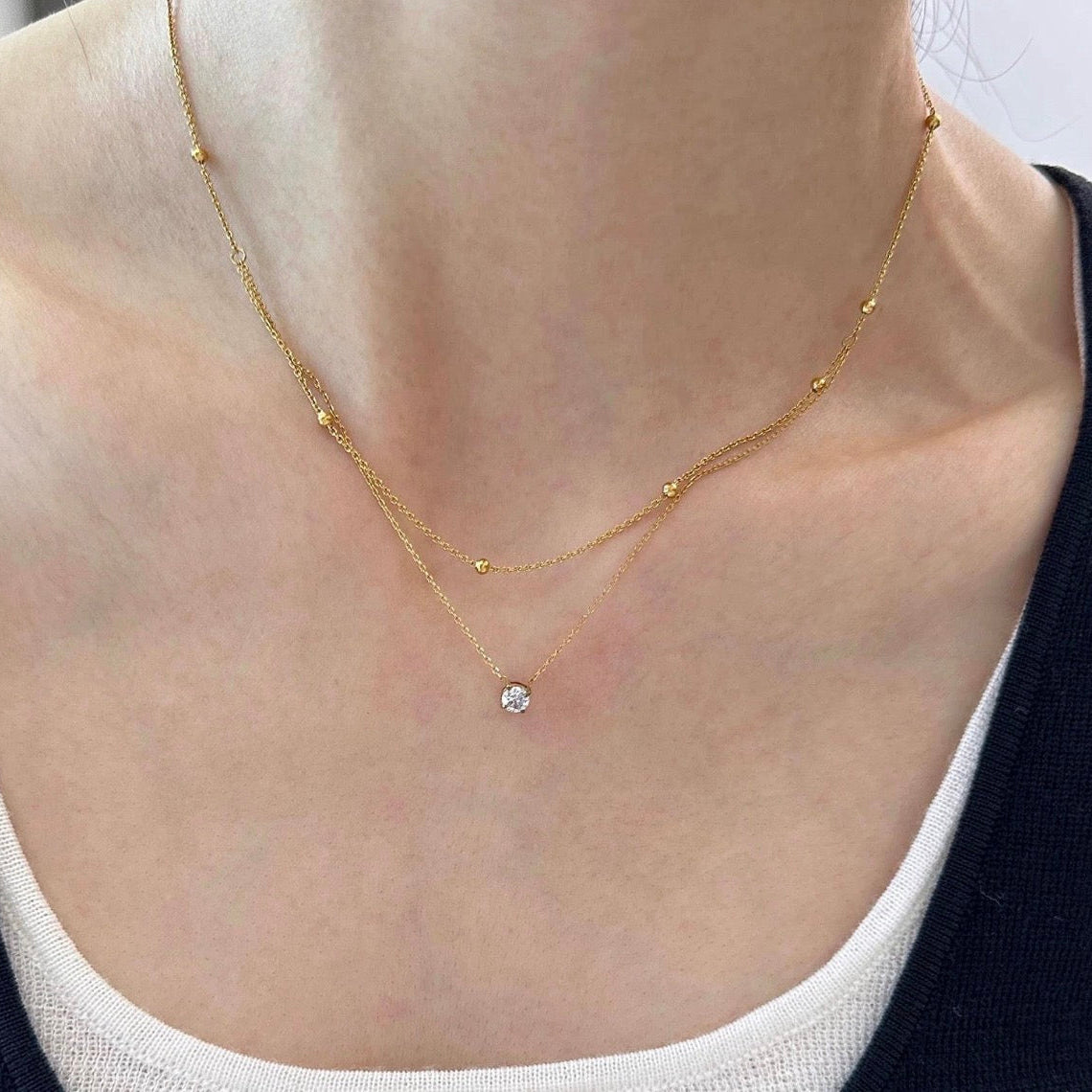 Gold necklace with a small round pendant on a person wearing a black top and white tank top.
