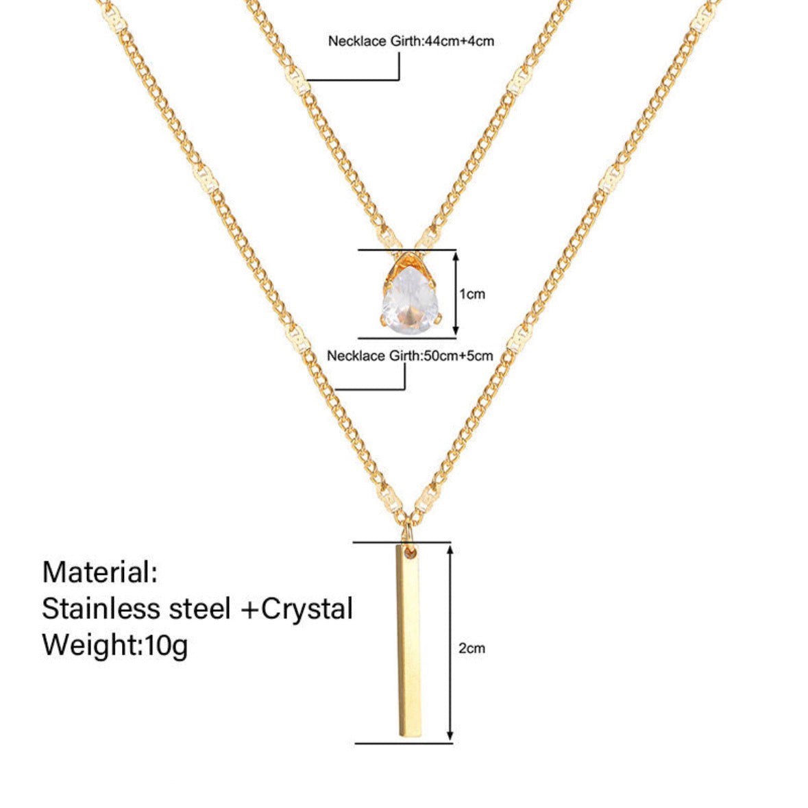 Gold necklace with crystal pendant and measurement details on a white background