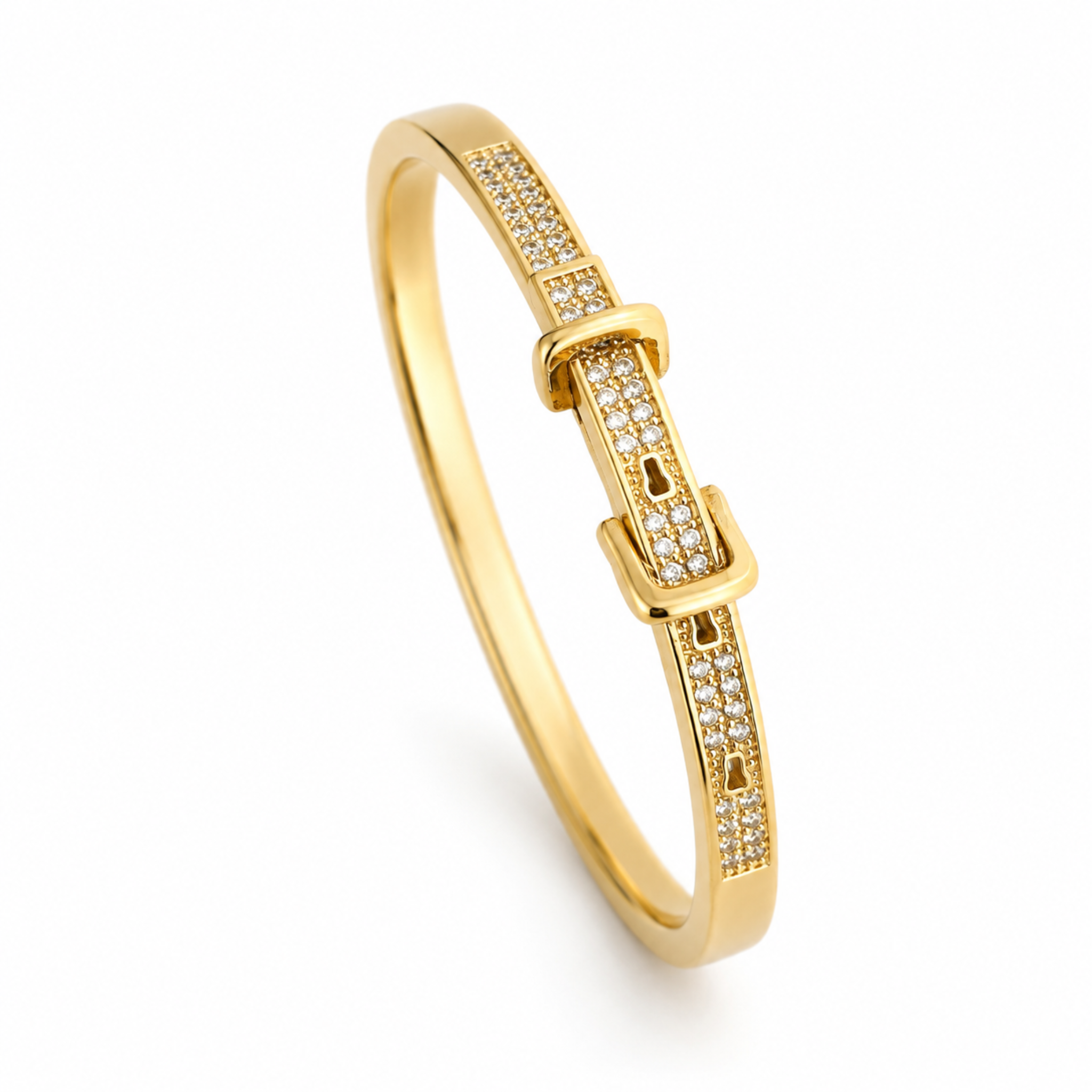 Gold bracelet with diamond accents on a white background