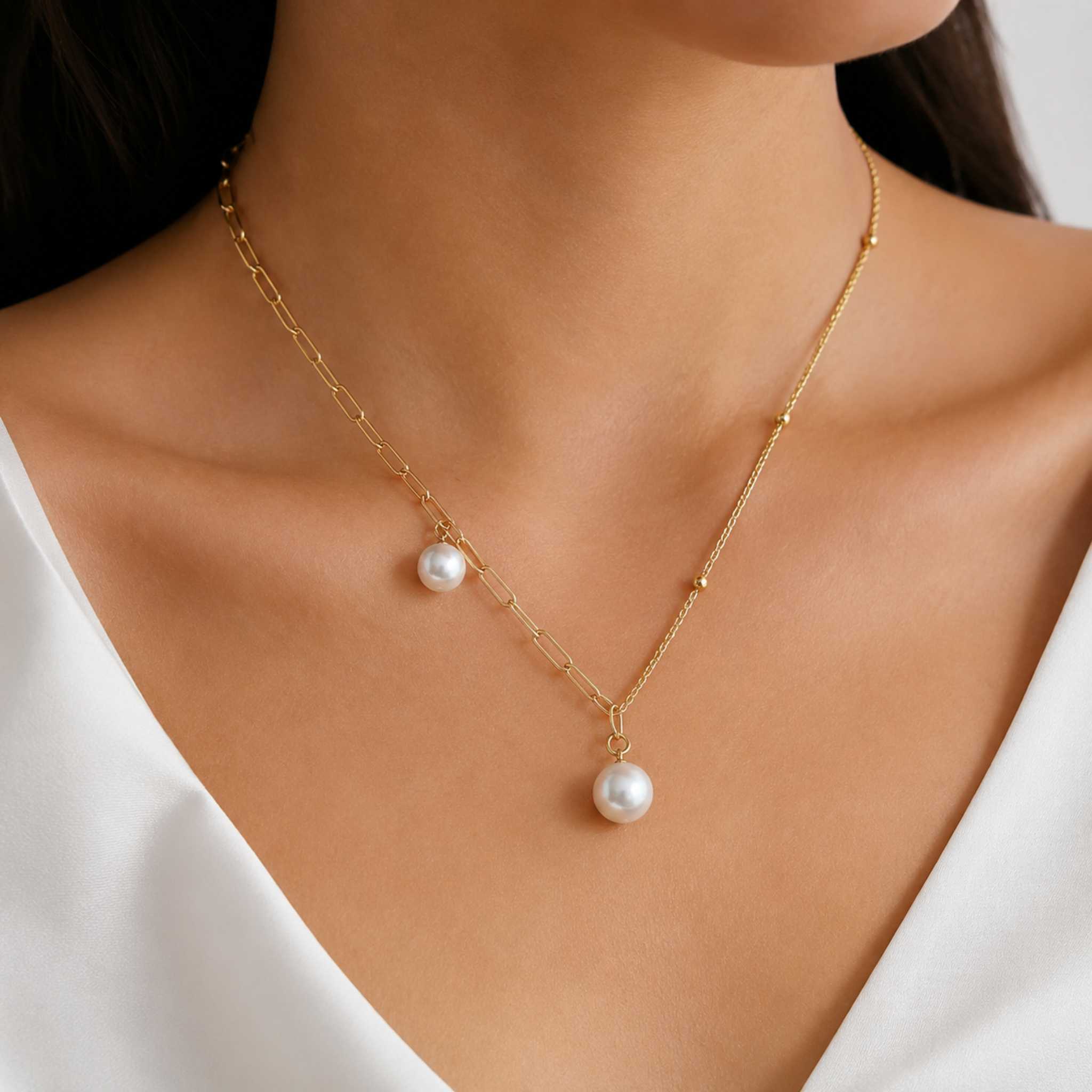 Gold necklace with pearl pendants on a person wearing a white top.