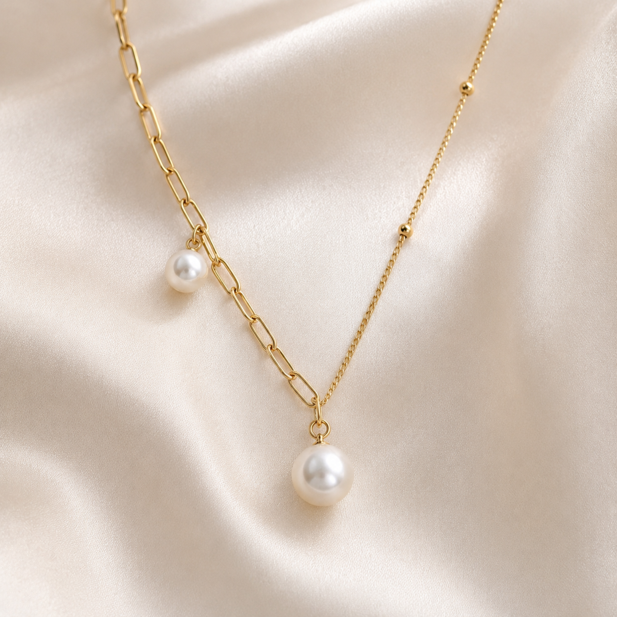 Gold chain necklace with pearl pendants on a beige fabric background