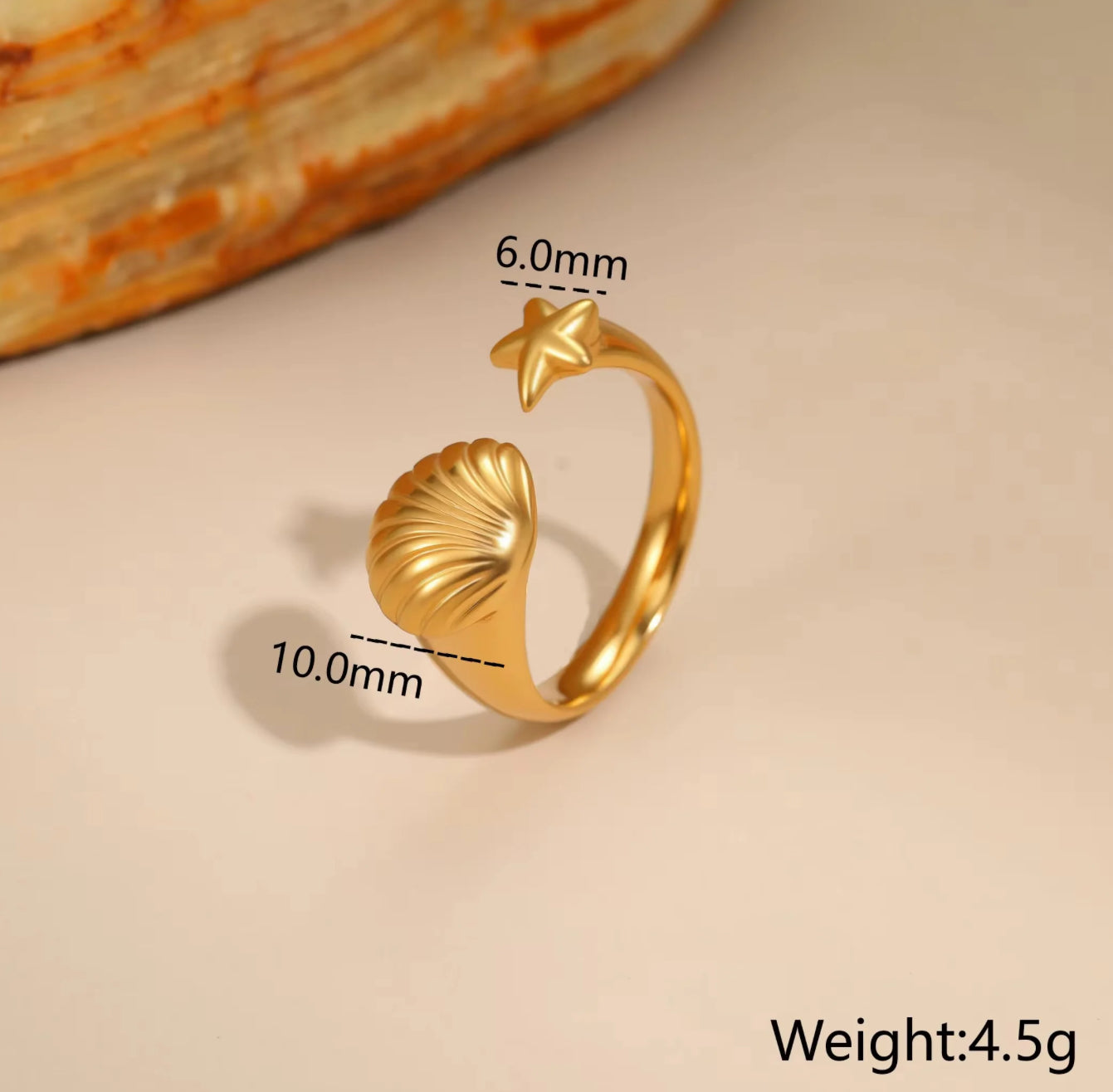 Star & Shell Open Adjustable Gold Ring